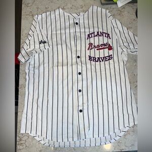 Vintage 90s Majestic White and Black Striped Braves Jersey Size XL